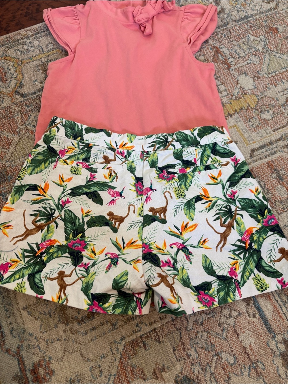 Janie and Jack Pink Ruffle Sleeve Top with Tropical Monkey Print Shorts - Picture 3 of 5
